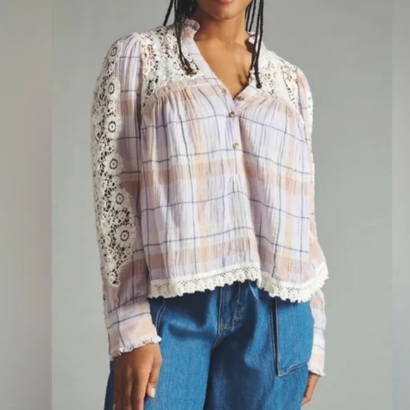 NWT Anthropologie PILCRO Purple Lavender Haze Plaid Crochet Sleeves Blouse - Picture 1 of 11